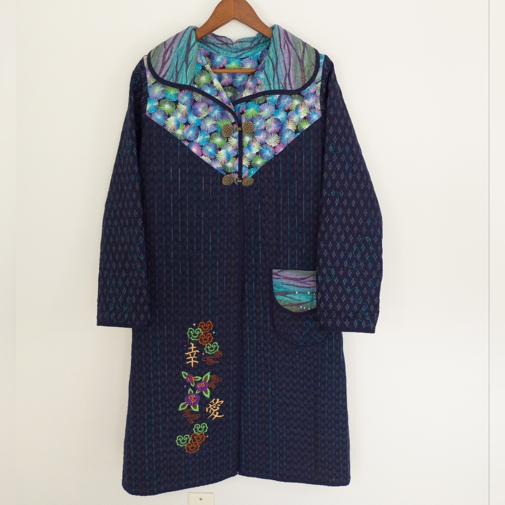 Vintage Quilted Duster Coat Asian Embroidery Frog Closure Art to Wear Jacket